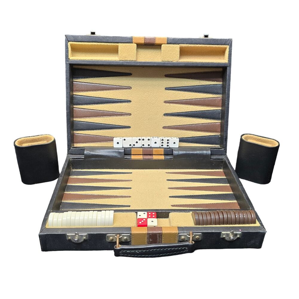 Vintage Travelling Backgammon Folding Classic Board Game Set Faux Leather Suede